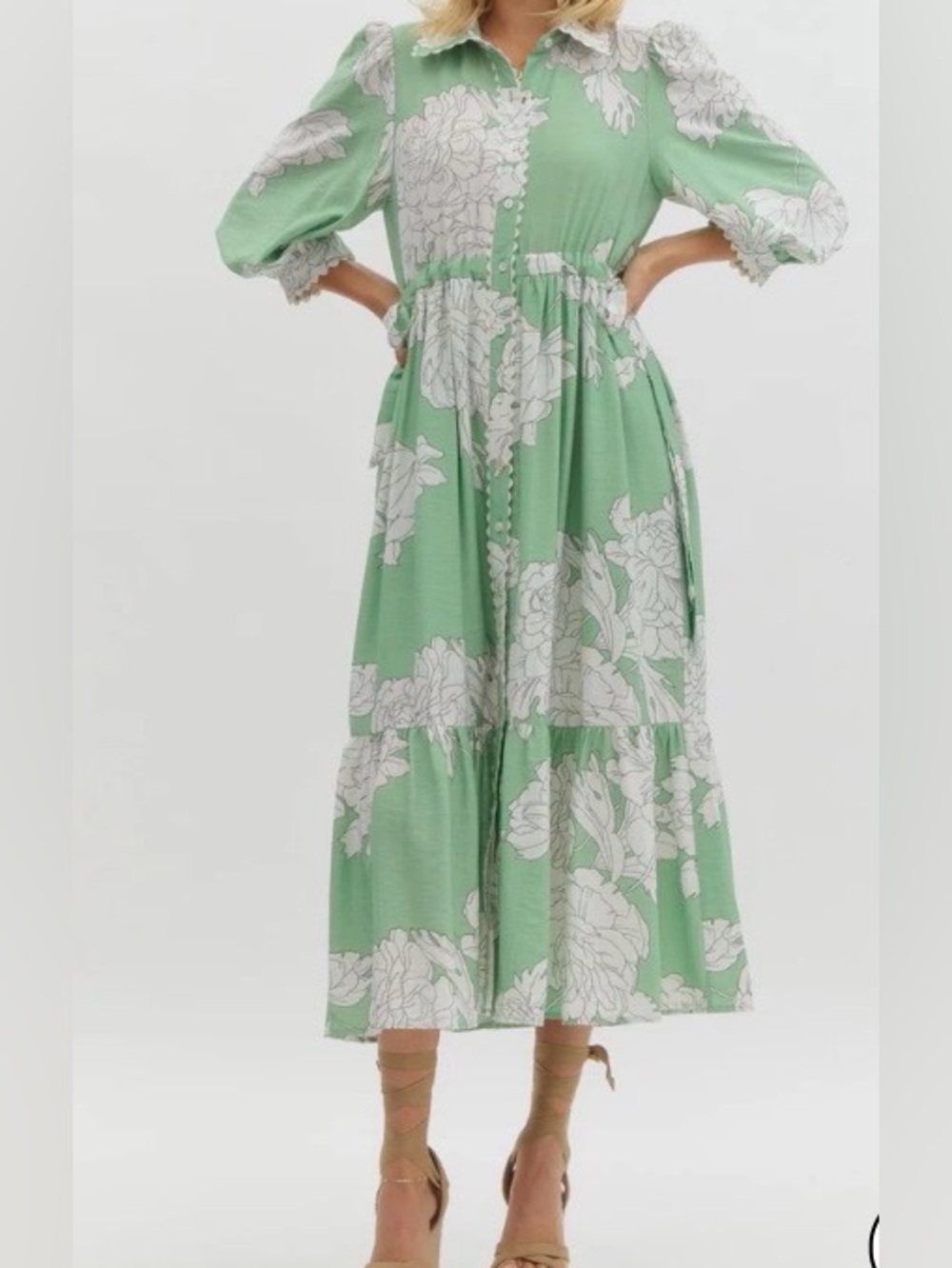 entro Mint Green Floral Tiered Midi Skirt